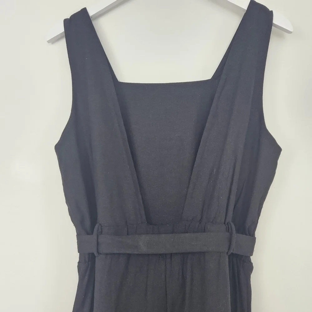 Monteau Black Linen Rayon Blend Tie-Waist V-Cutout Back Cropped Jumpsuit Size L - Picture 8 of 11